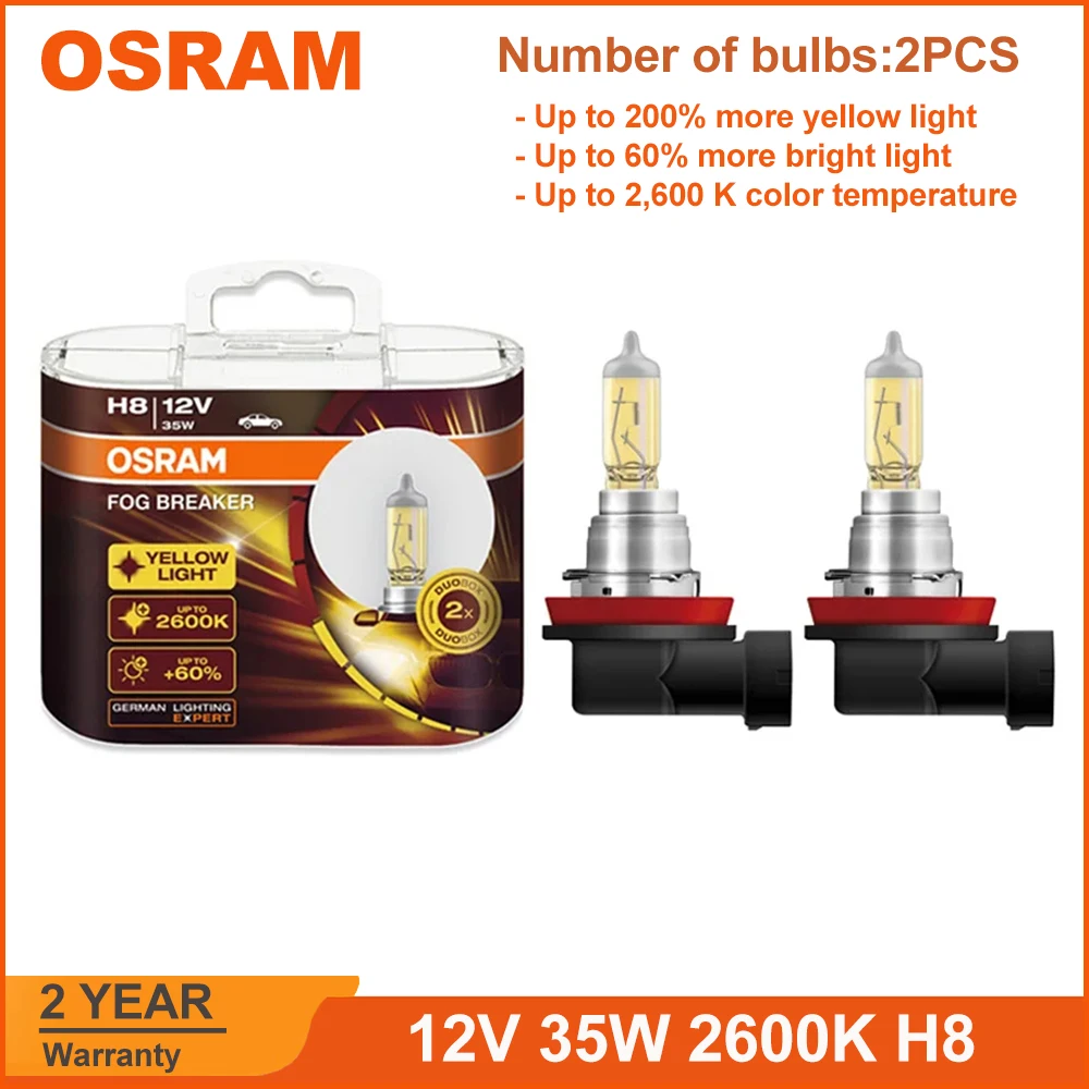 OSRAM FOG BREAKER H8 62212FBR PGJ19-1 12V 2600K Headlight +200% Yellow Fog Light +60% Bright Car Halogen Lamps (Pair)