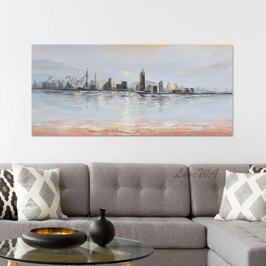 

Modern Building Landscape Abstract Simple Scenery Paintings Unframed Canvas Wall Art Acrylic Coast Hand Picture For Living Room