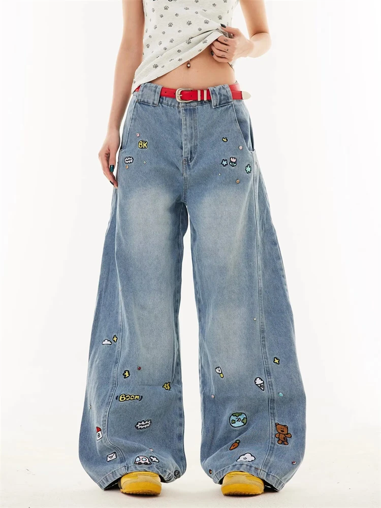 

Женские изогнутые широкие джинсы с вышивкой в стиле ретро, крутые свободные брюки для девочек, повседневные брюки, женские уличные джинсовые брюки