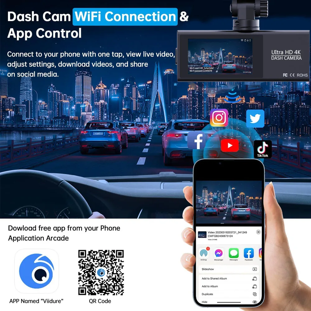 Ultra HD 4K 3840*2160P Dash Cam 24H مراقبة مواقف السيارات DVR اختياري 2.5K للرؤية الليلية كاميرا خلفية GPS WiFi APP التحكم