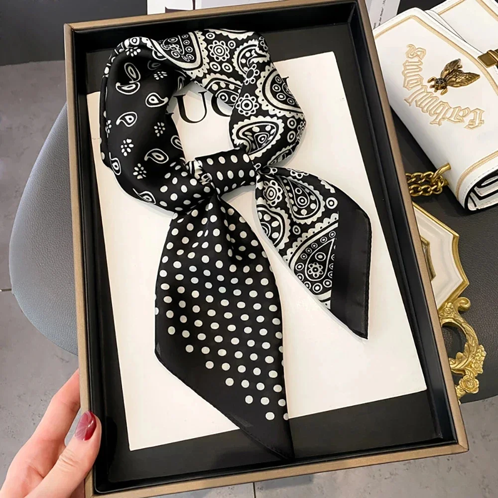 Luxury Polka Dot Paisley Print Square Scarf Black White Thin Decorative Neck Scarf Hairbands Sunscreen Headscarf For Women