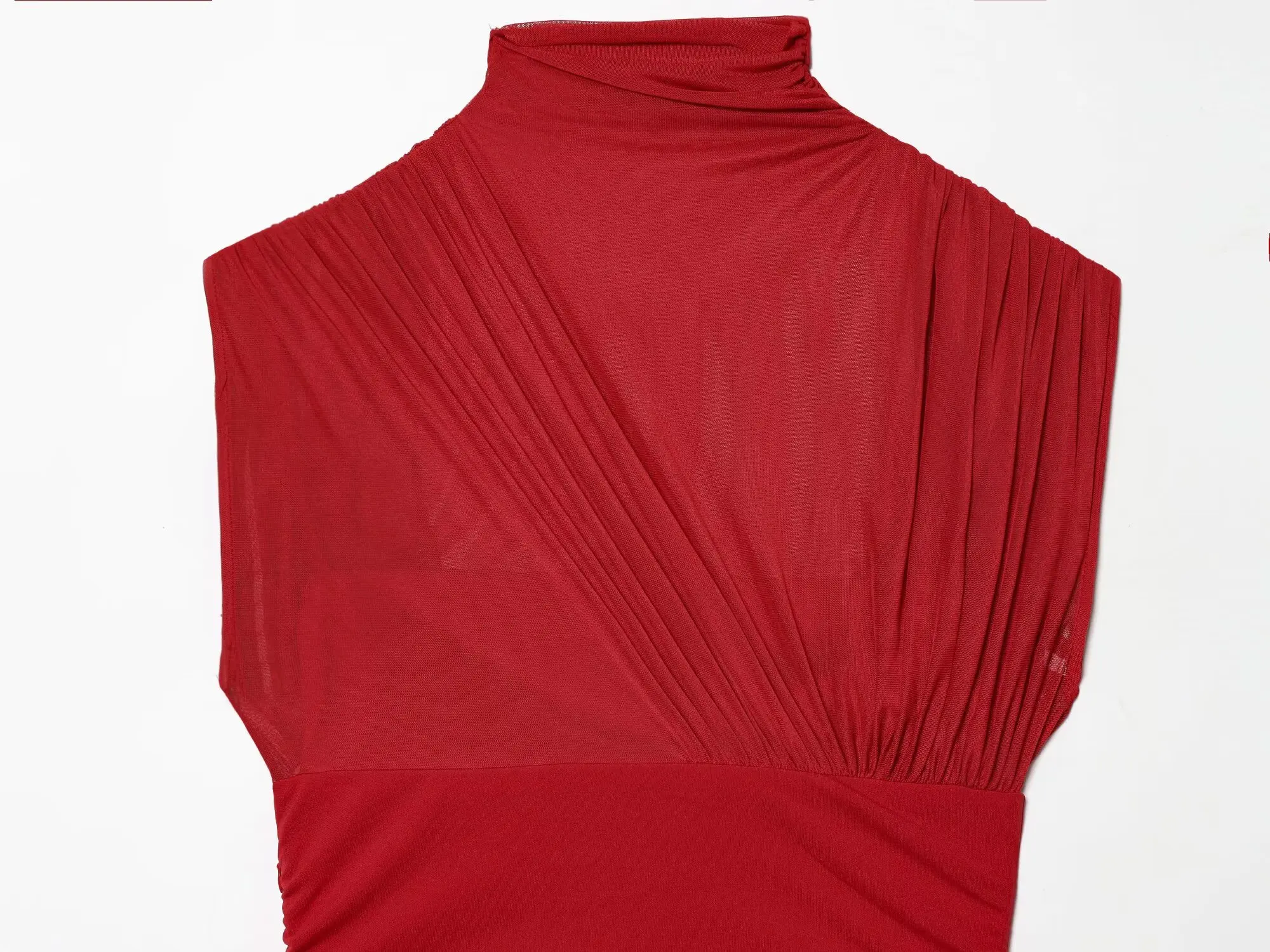 New Women High-Neck Sleeveless Ruched Sheer Red Mini Dress Mini Bodycon Celebrity Christmas Party Dress