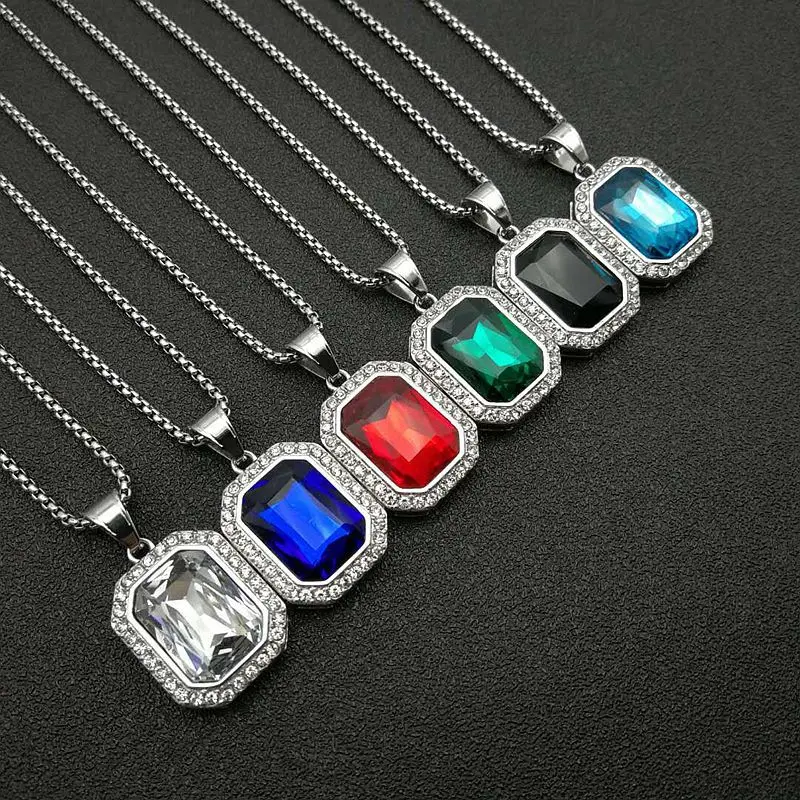 Stainless Steel Square Crystal Pendant Necklace, Colorful Office Fashion Jewelry for Lovers,Gem-like