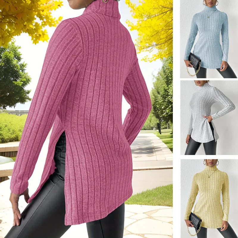 Turtleneck Sweater for Women Autumn Outwear Pink Split Pullover with Full Sleeve Lady Oversized Long Sweaters Yellow Tops Knit