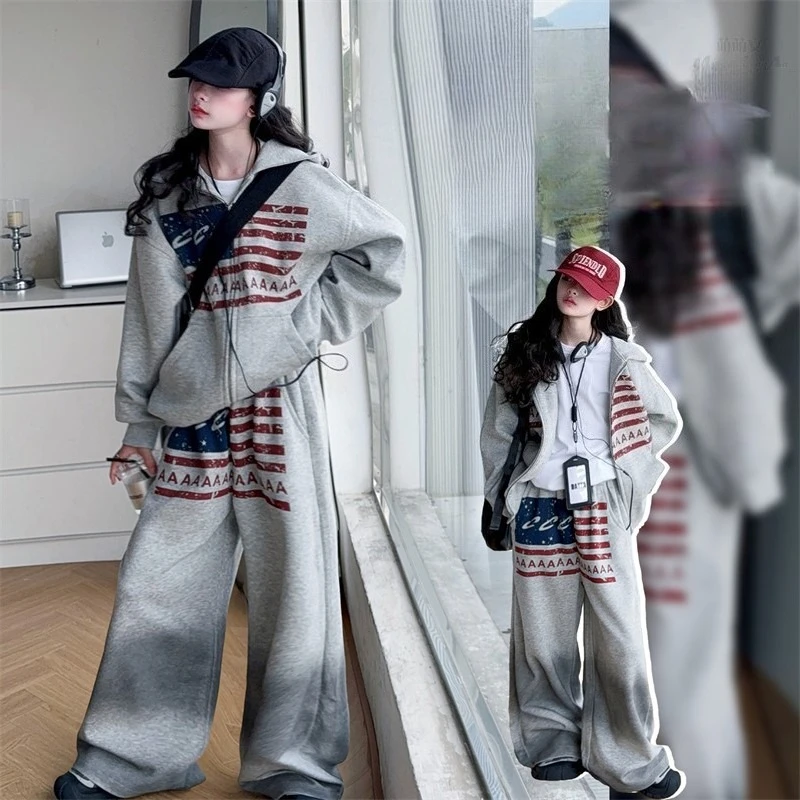 

Осенний спортивный костюм для девочек-подростков 4–14 лет, куртка с капюшоном + брюки в пол, комплект спортивной одежды из 2 предметов для маленьких детей, детское пальто, брюки, наряды