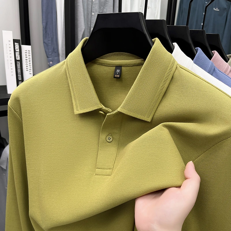 

High End 100% Cotton Men Polo Shirt 2025 Autumn Classic Turn Down Collar Clothes Long Sleeve Mercerized Cotton Business T-shirts