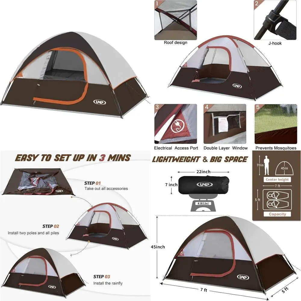 

Компактная палатка для кемпинга на 2 человека: водонепроницаемая, ветрозащитная с дождевиком, простая установка, портативная купольная палатка для приключений на открытом воздухе