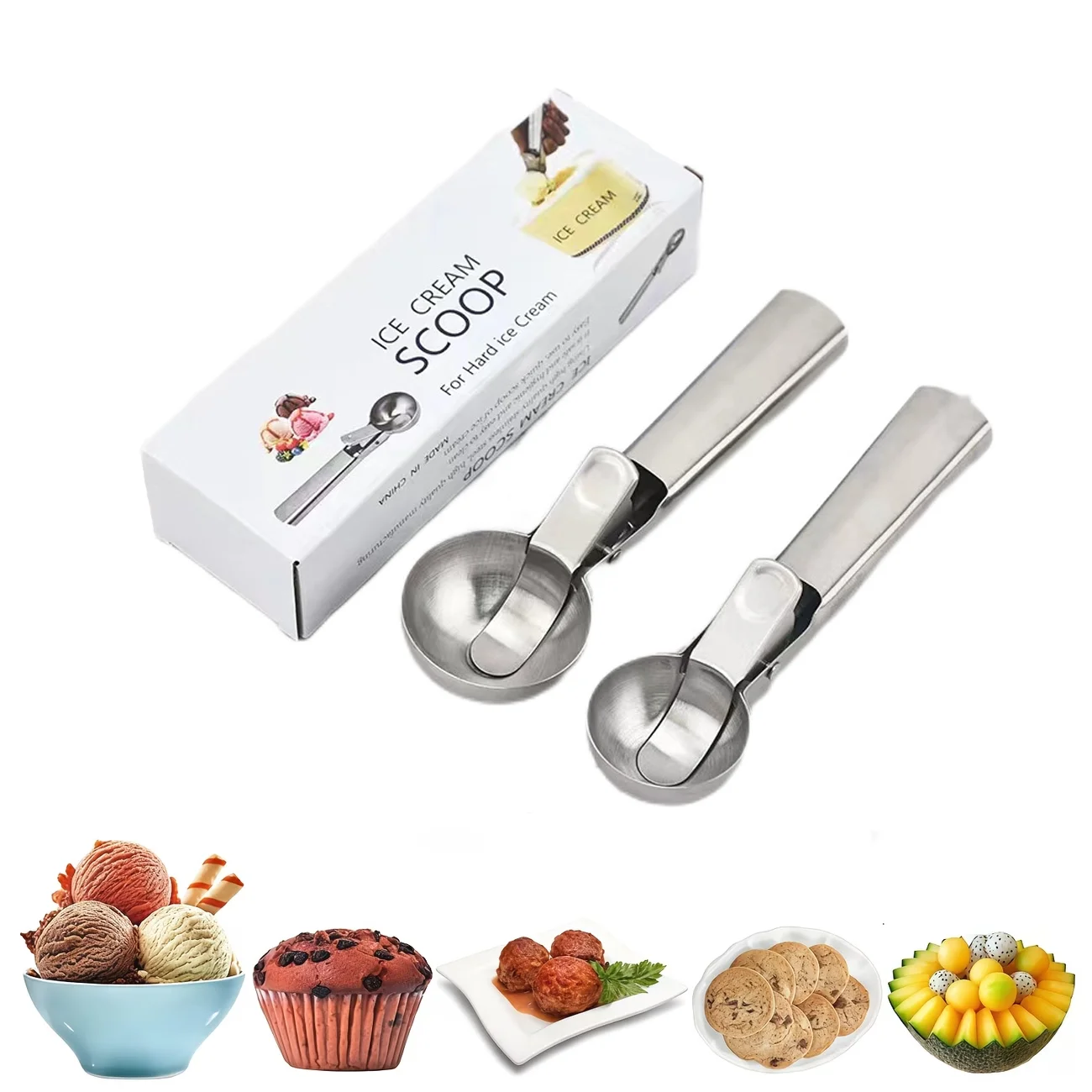 Ice Cream Scoop, Stainless Steel Ice Cream Scoop, Spring-Loaded Ice Cream Scoop, Watermelon/Fruit Scoop