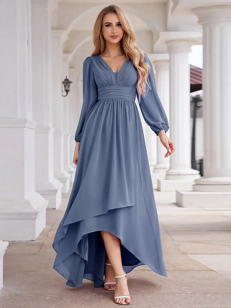 Elegant Evening Dresses V-neck Long Sleeves Hide zipper Floor Length 2025 Ever Pretty of Chiffon Dusty Blue Bridesmaid Dress