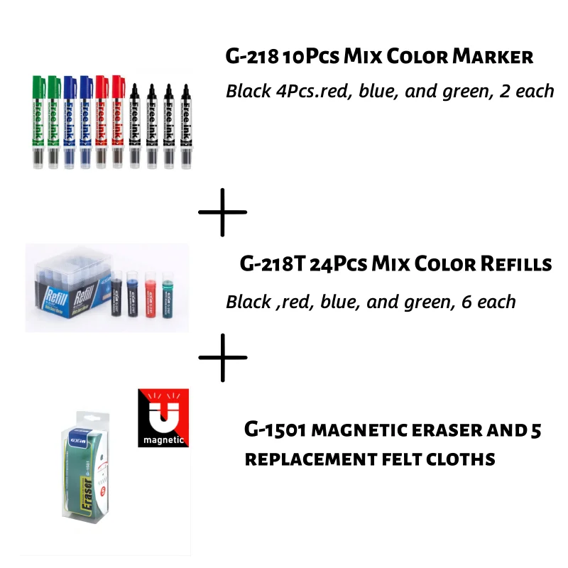 GXIN G218 Erasable Whiteboard Refilled Pens Set. Includes Marker Ink and Eraser.Dry Eraser. Office And School Use For Classroom.