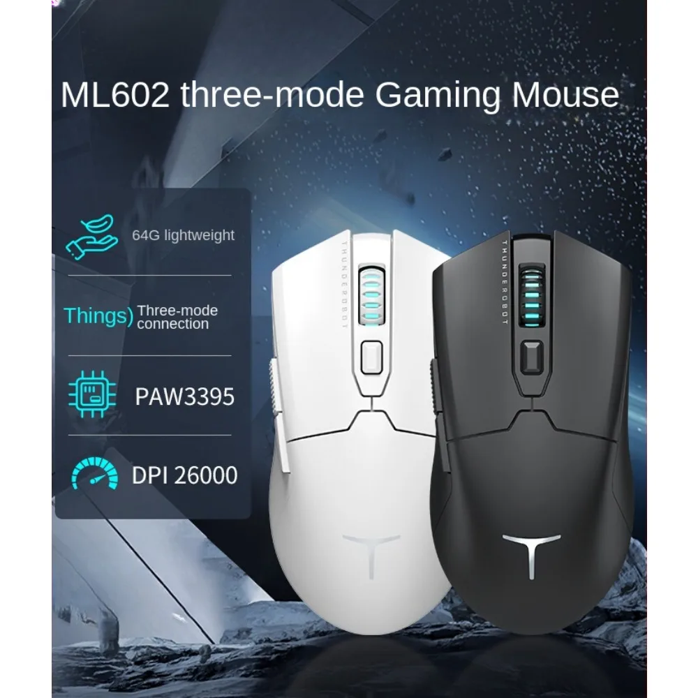 Thunderobot ML602 Tri-mode Lightweight Gaming Mouse PAW3395 Bluetooth Wireless  Optical Adjustable 26000DPl Ergonomic Both Hand