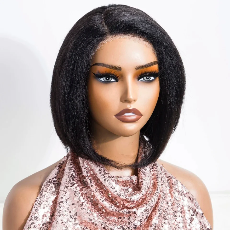 Natural Black Color Kinky Straight Bob Side Part Human Hair Lace Wig Natural Hairline Wig Natural Black Color Glueless Wigs