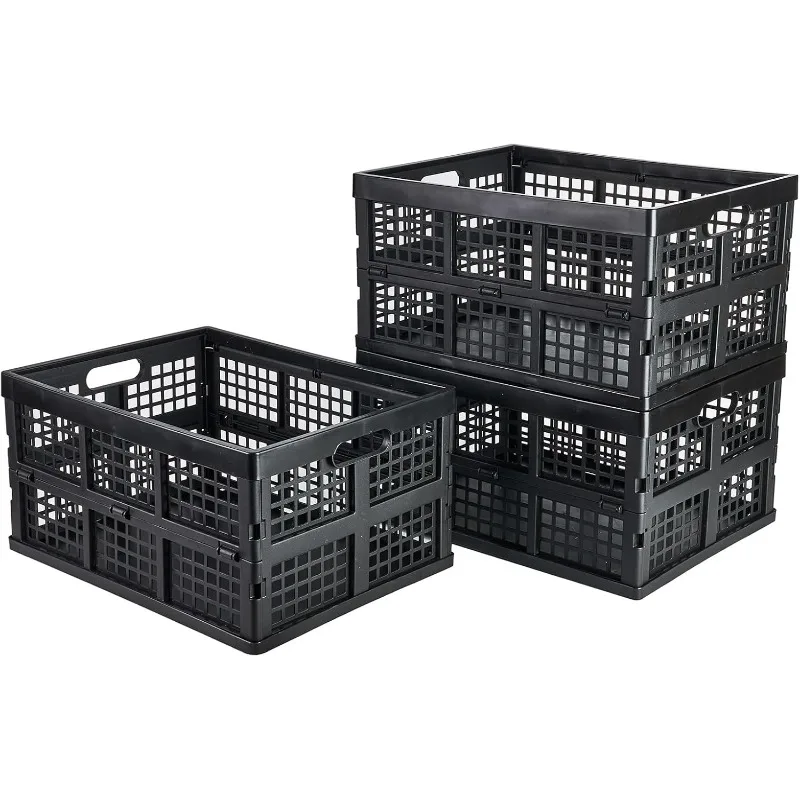 2pcs Plastic Collapsible Storage Crates- Foldable Plastic Crates for Storage (Black)