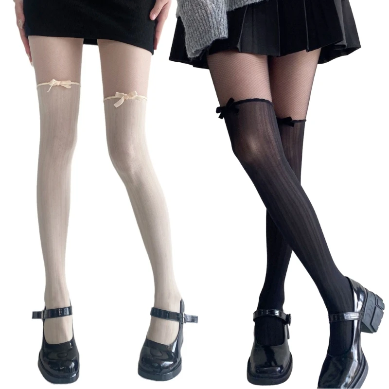 Women Mesh Spliced Silk Tights Fake Thigh High Ruffle Trim Bowknot Pantyhose