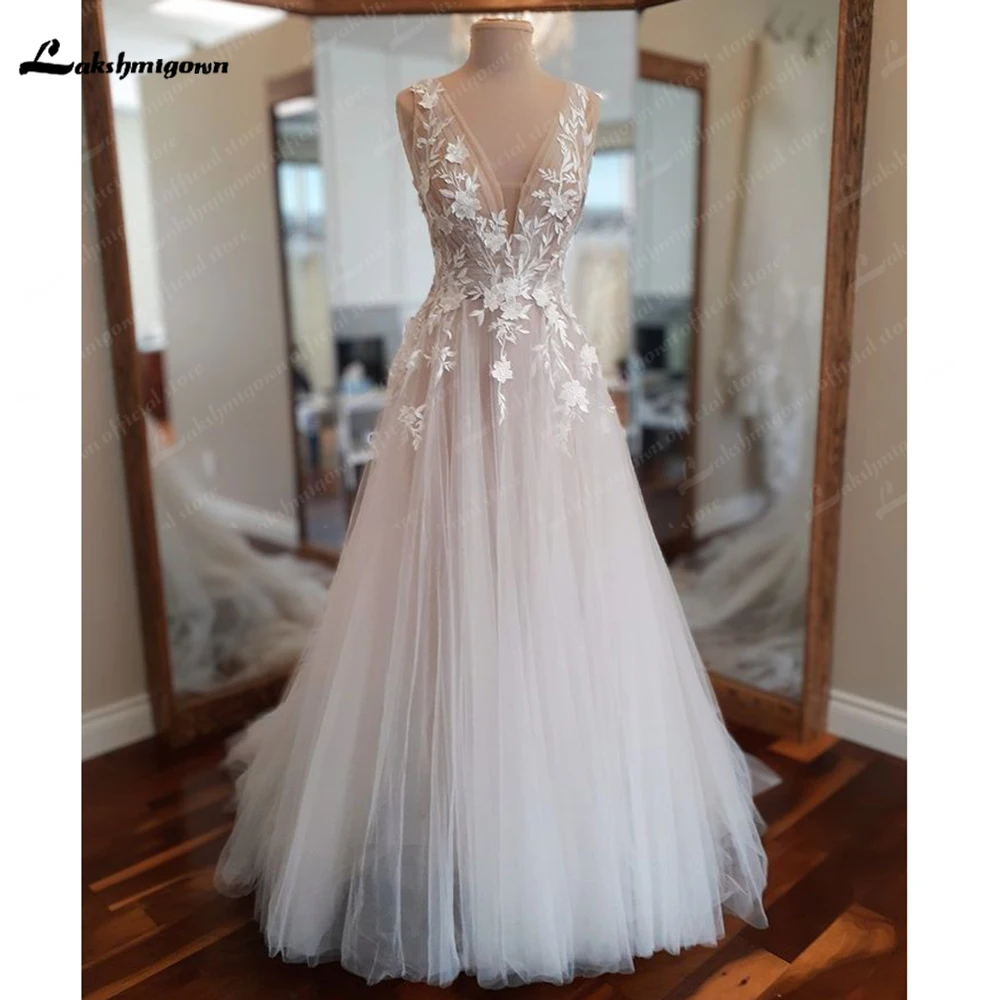 Yanshmigown-Robe de mariée à col en V pour femme, Blush, Champagne, Une ligne, Dentelle, Fleurs, Mariage, Quelle que soit la robe, Éducatif, 138