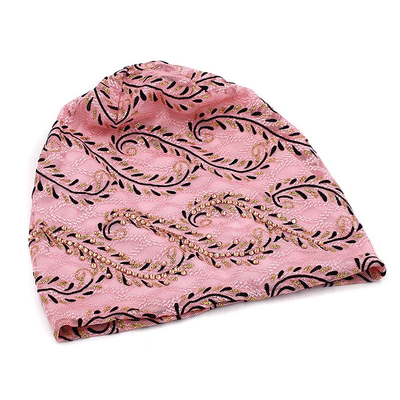 Mulheres strass renda chapéu de turbante, chapéus muçulmanos, lenço fino, gorro, perda de cabelo Caps, respirável, moda feminina, verão