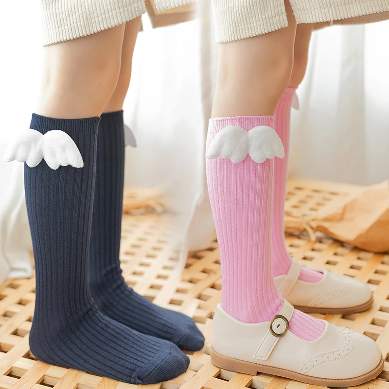 Children spring breathable version of multicolor big angel wings princess striped girls cute socks baby over the knee high socks