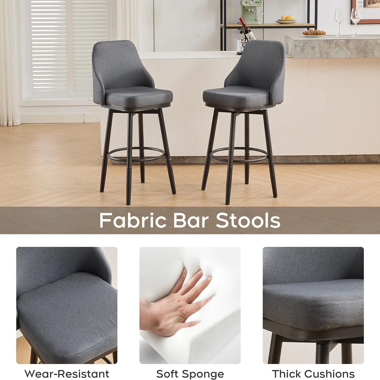 مقاعد بار دوارة بارتفاع قابل للتعديل مع ظهر ، شنيل ، كراسي بارستول طويلة حديثة ، جزيرة مطبخ ، غرفة طعام ، مقهى ، 2 #4