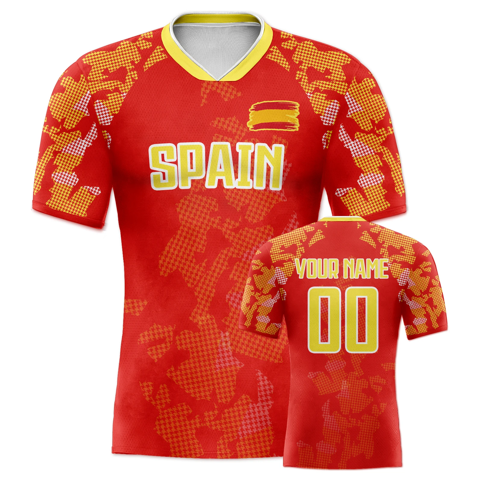 Customized Spain Soccer Jersey Personalized Name Number, National Team Football Shirt V-Neck Flag Design for Men Kids Women