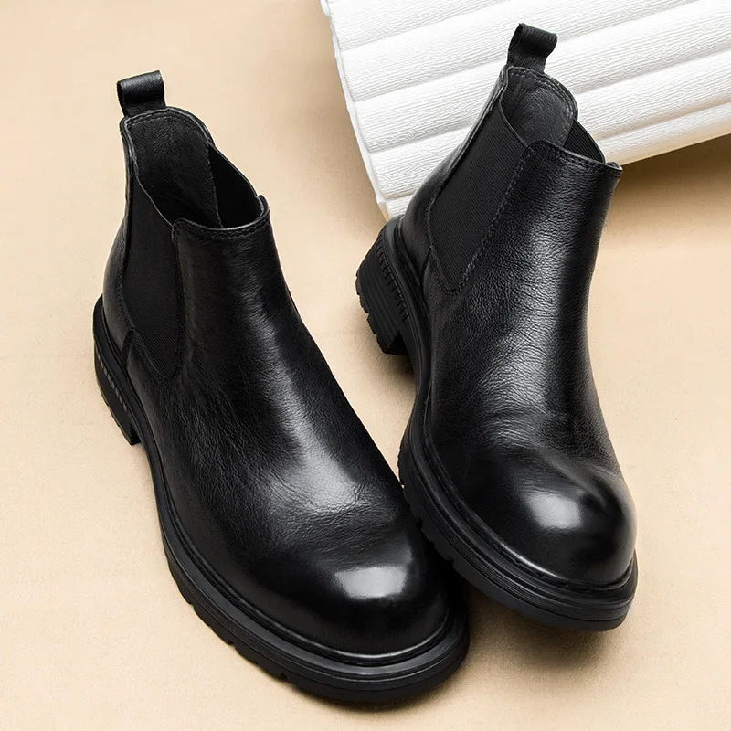 Retro Mens Fashion Chelsea Boots Luxury Genuine Leather Handmade Quality Autumn British Style Flat Slip on Business Shoes Man