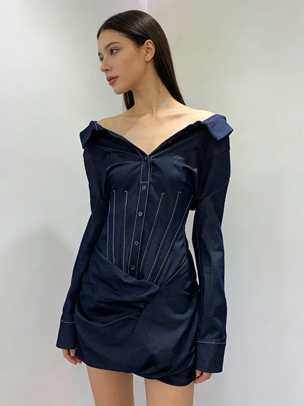 فستان قميص مريح وغير رسمي لشتاء 2025، تصميم جديد، تنورة قصيرة عصرية #6