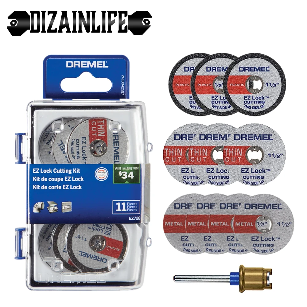 11Pcs Dremel EZ728-01 EZ Lock Rotary Tool Cutting Disc Accessory Kit Grinding Wheel for Metal Wood Glass Plastic Cut Off Polish