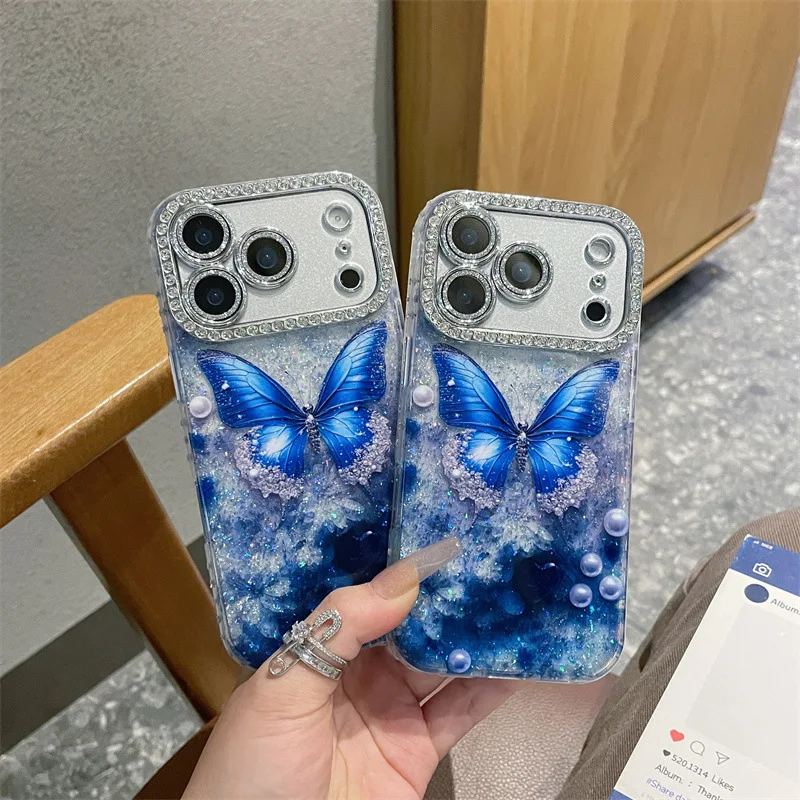 Luxuriöse Handyhülle mit diamantblauem Schmetterlingsmuster für iPhone 17, 16, 15, 14, 13, Pro Max, glitzernde Linsenfolie, stoßfeste Schutzhülle