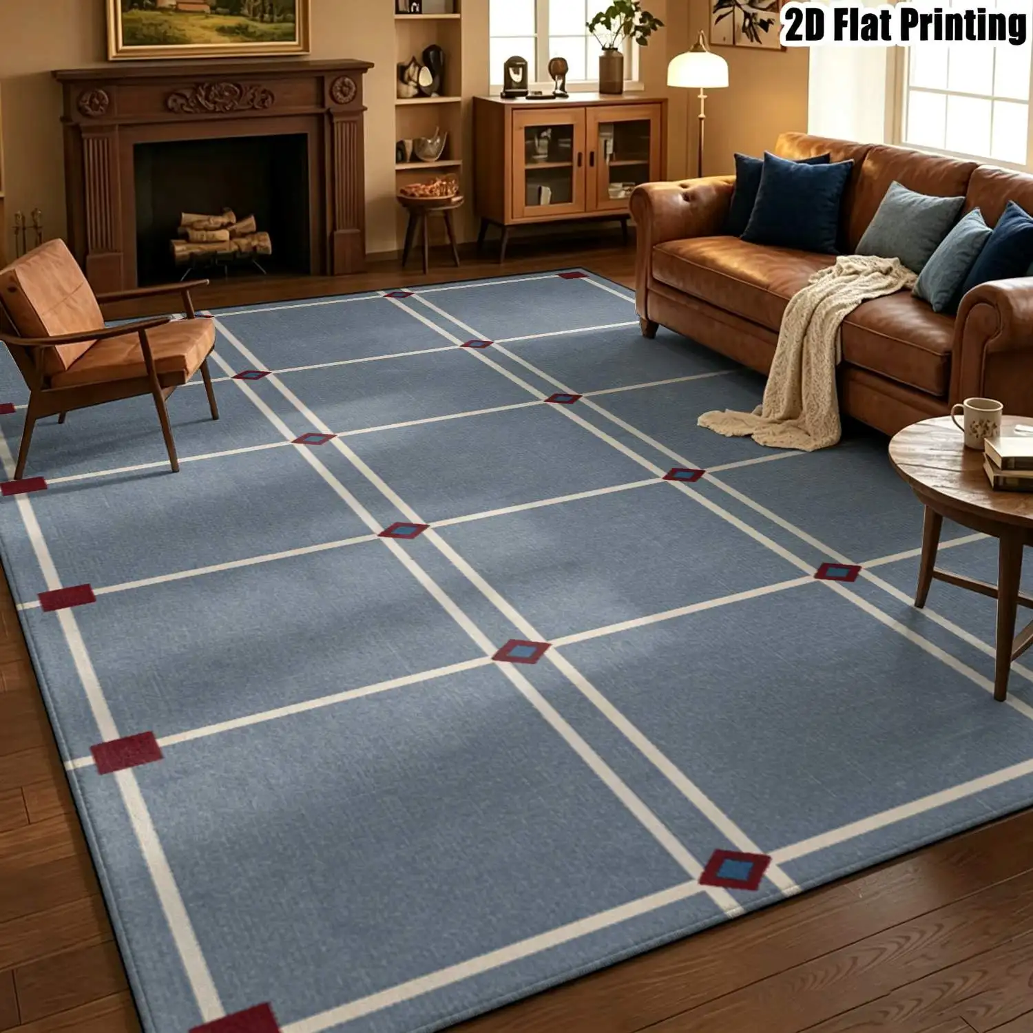 1Pc 2D Printed Blue-Grey Geometric Square Carpet, Modern Simple Style for Instagram Home Decor, Multiple Sizes, Machine Washable, Suitable for Entrance, Dining, Foyer, Study, Living Room, Bedroom