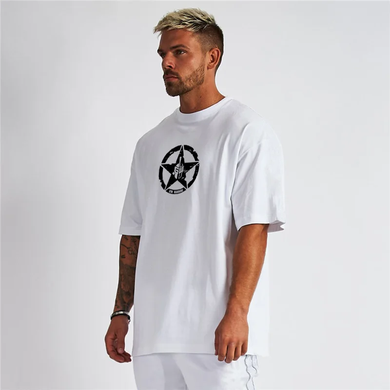 Oversized Cotton T-shirt Gym Working Men Summer Loose Dropped Shoulder Fitness Pumping iron out at the Sleeve Printed Casual Top