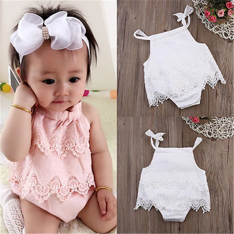 0-18months Baby Girl Sleeveless Romper Lace Hollow Solid Color Summer Slim Bodysuit For Infant Girls