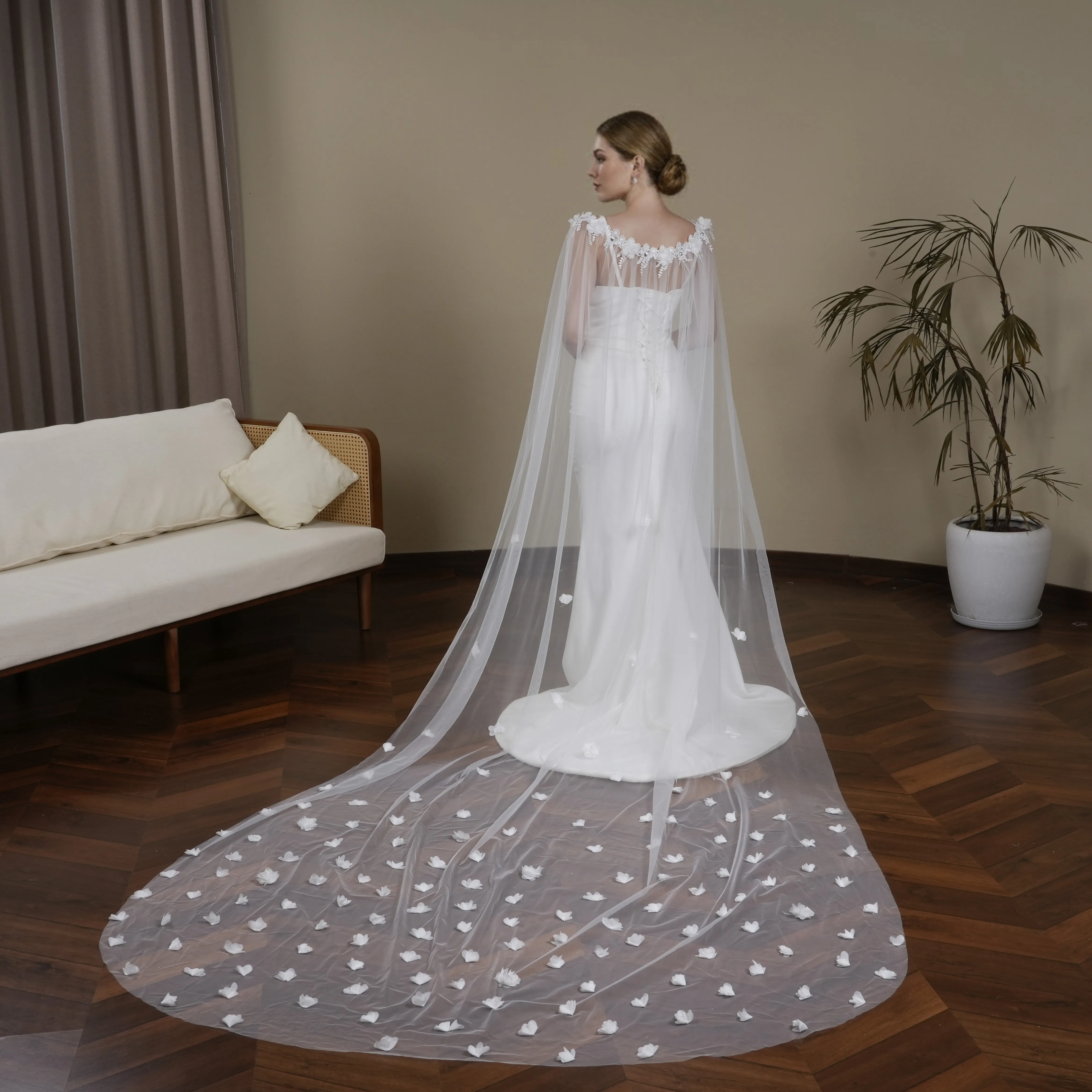 

long train 3d flower bridal shawl 300cm lace applique cape handmade train faux flower cape wedding accessories VPG20