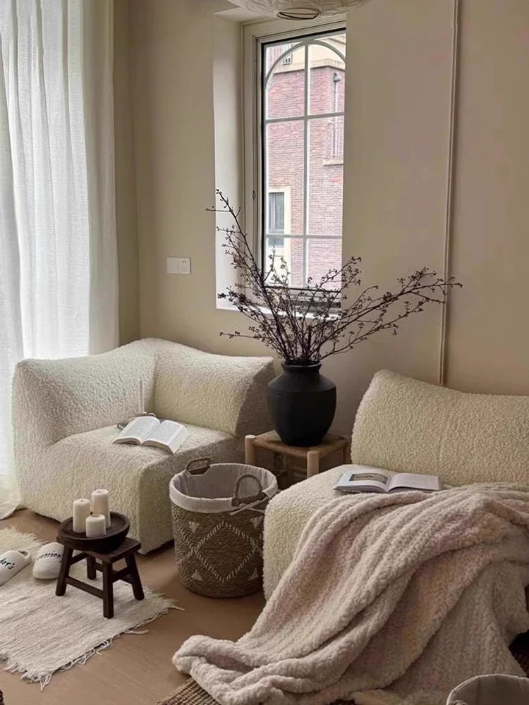 Italian minimalist fabric sofa wabi-sabi wind business small apartment lamb wool Japanese large white