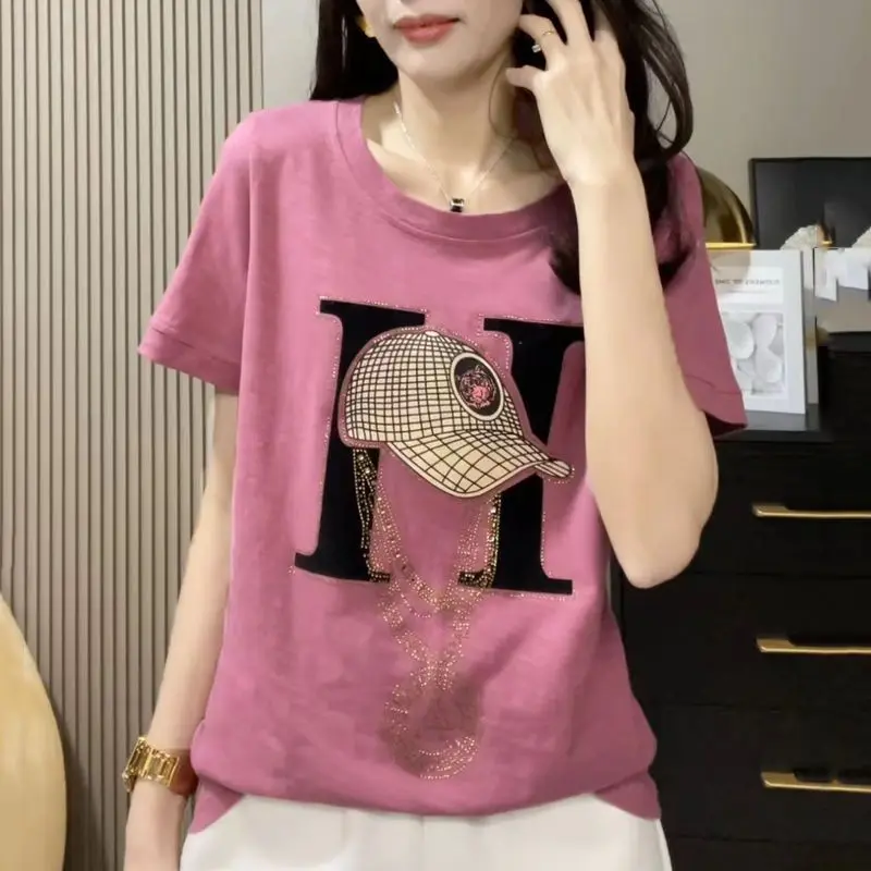 Korean Commute 2024 Summer New Women\'s Round Neck Geometric Printed Diamonds Solid Color Loose Casual Short Sleeve T-shirts Tops