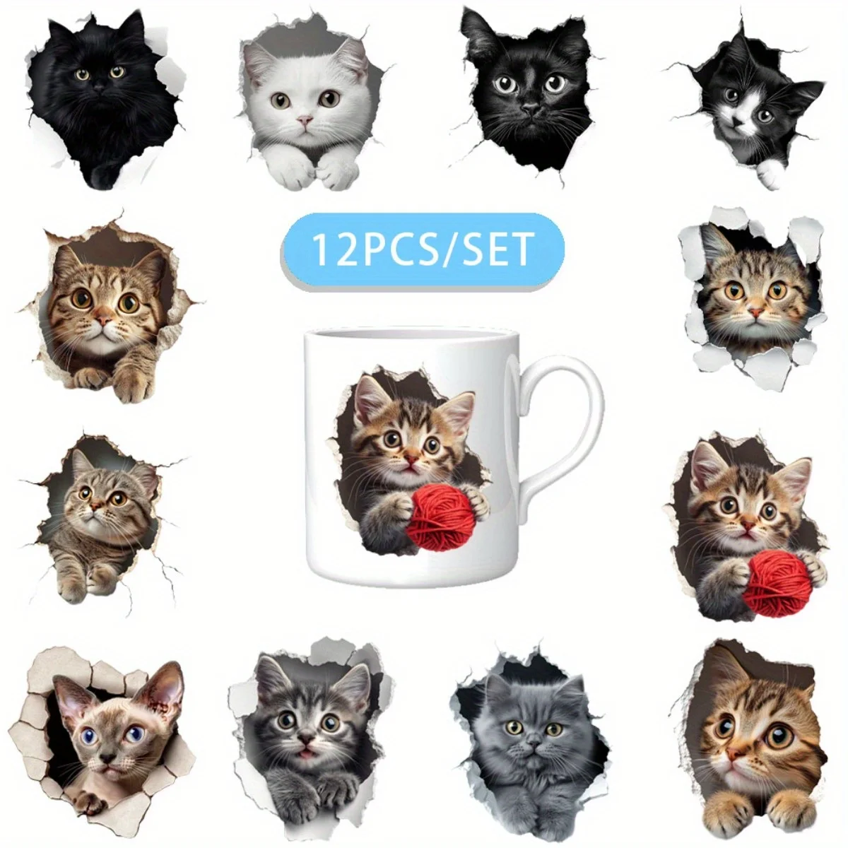 12PCS/SET 3D Cat Opening The Door DIY Light Beigeny Tumblers Wrap Decorative Transfer Paper UV DTF High Self-adhensive Wraps