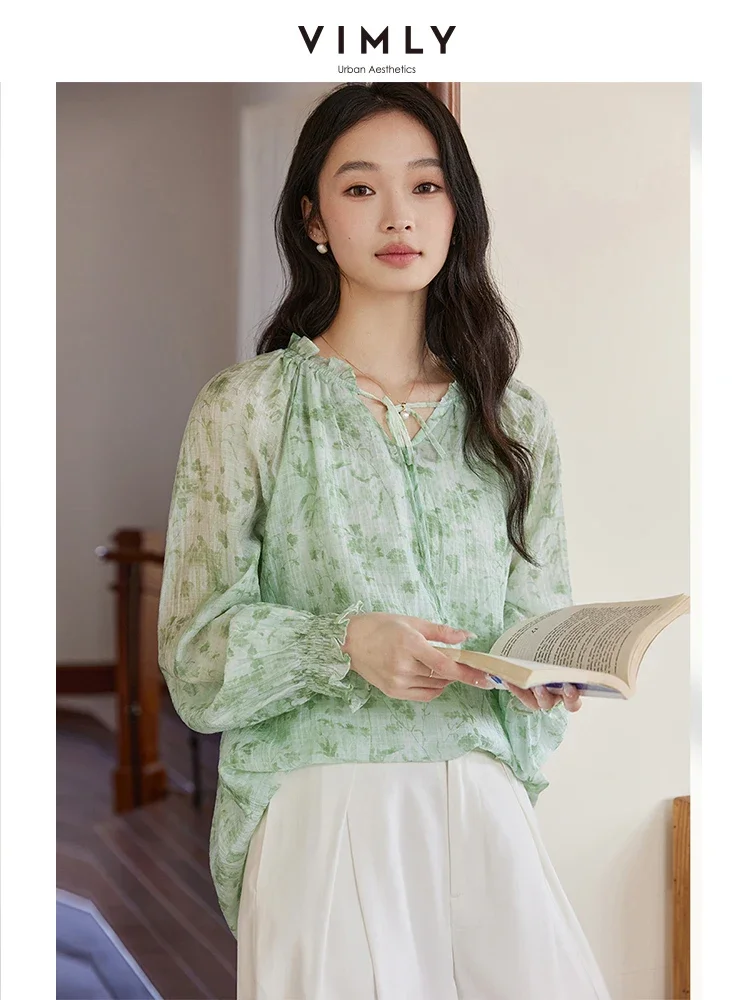 VIMLY Women Casual Blouse Shirt 2025 Spring New Lycra Floral Printed V-Neck With Lace up Simple Office Lady Pullover Top A0662