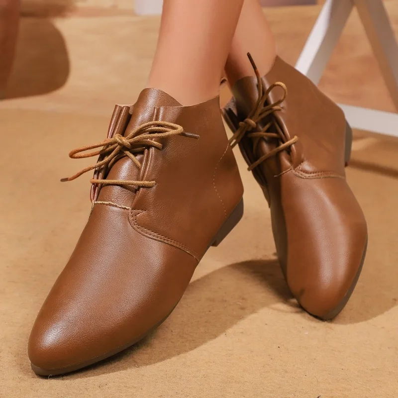 

Soft Leather Lace-up Booties Spring and Autumn New Pointed Toe Soft Sole Non-slip Wear-resistant Low Heel Shoes