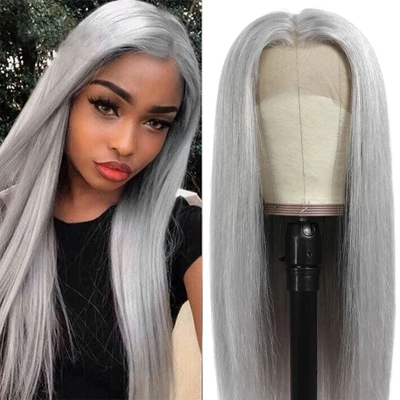 

European and American wig women's long hair front lace gray COS natural fluffy high simulation matte high temperature silk