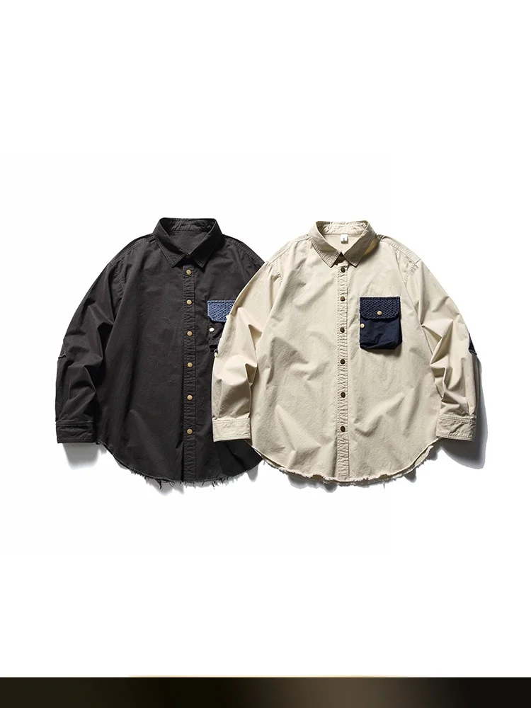 

Retro Japanese Sle Workwear irt Loose Casual Couple Match Patch ket Autumn New Arrival Cotton Long Sve Button up