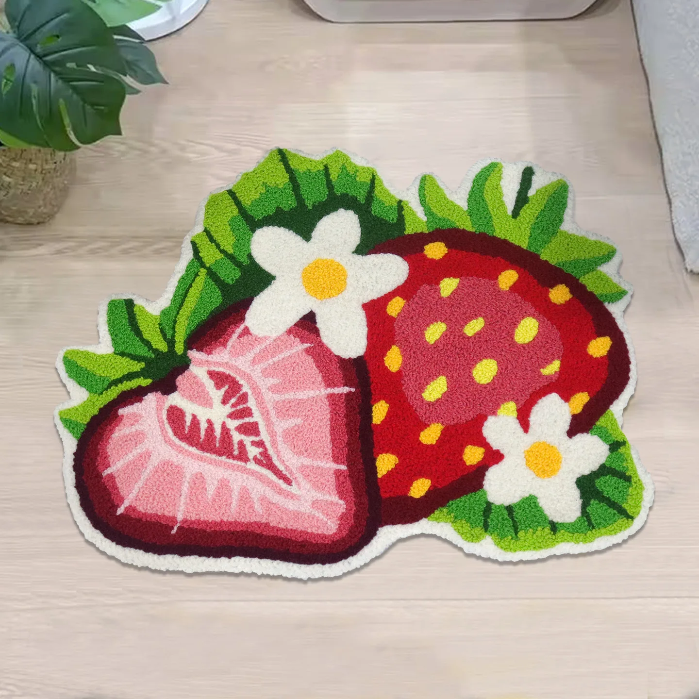 Fresh Fruit Irregular-Shaped Strawberry Carpet, Home Bedside Blanket, Bathroom Anti-Slip Carpet, Embroidery Floor Pad Home Decor