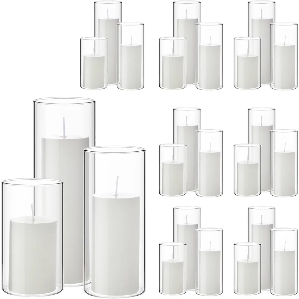 48 Pcs Pillar Candles and Glass Cylinder Vases Clear Cylinder Candle Holders for Slim Pillar Candles Table Decoration (White)