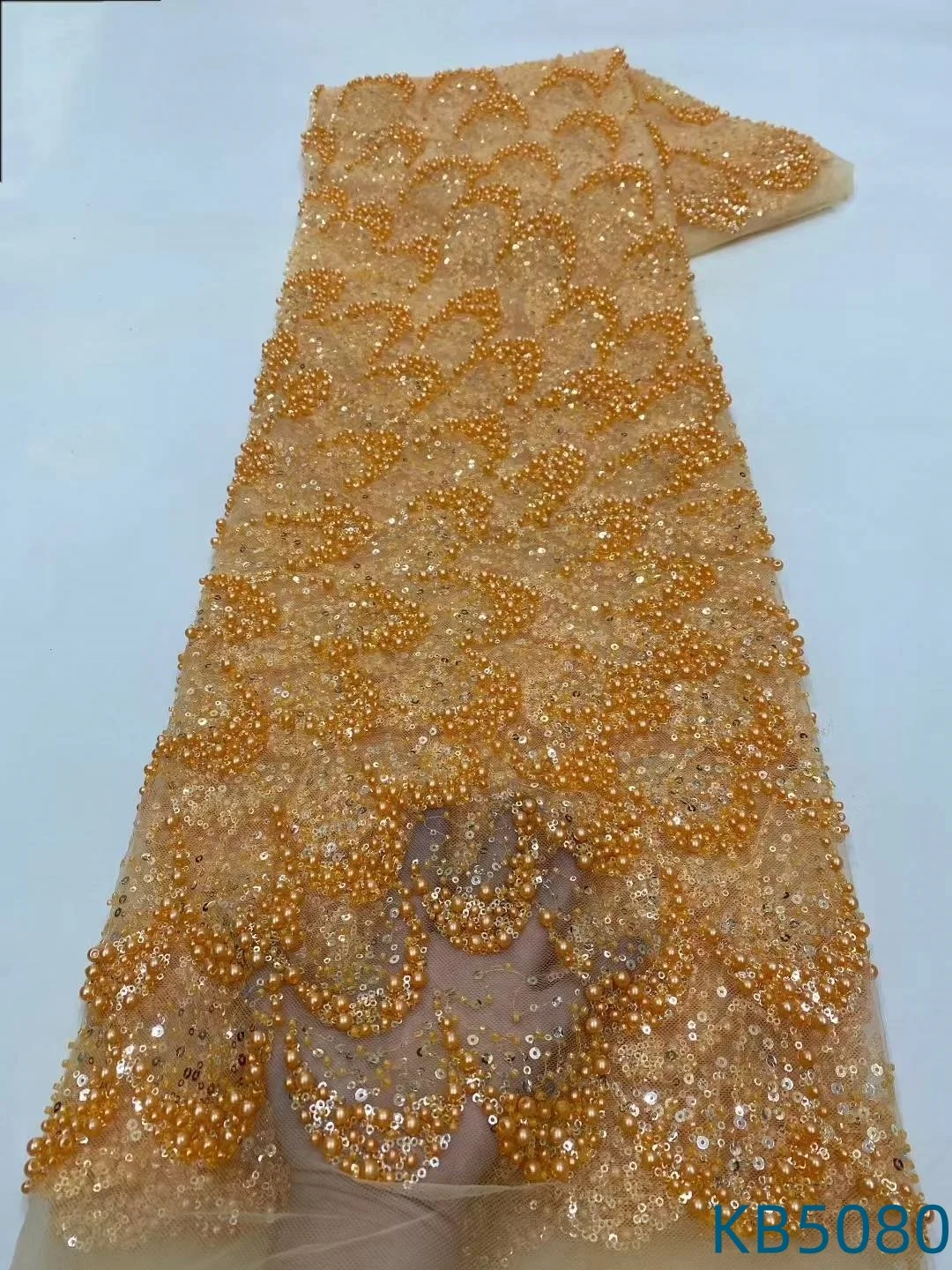 

Luxury African Beads Lace Fabrics High Quality 5 Yards Embroidery French Nigerian Tulle Lace Fabric For Wedding Sewing KB5080