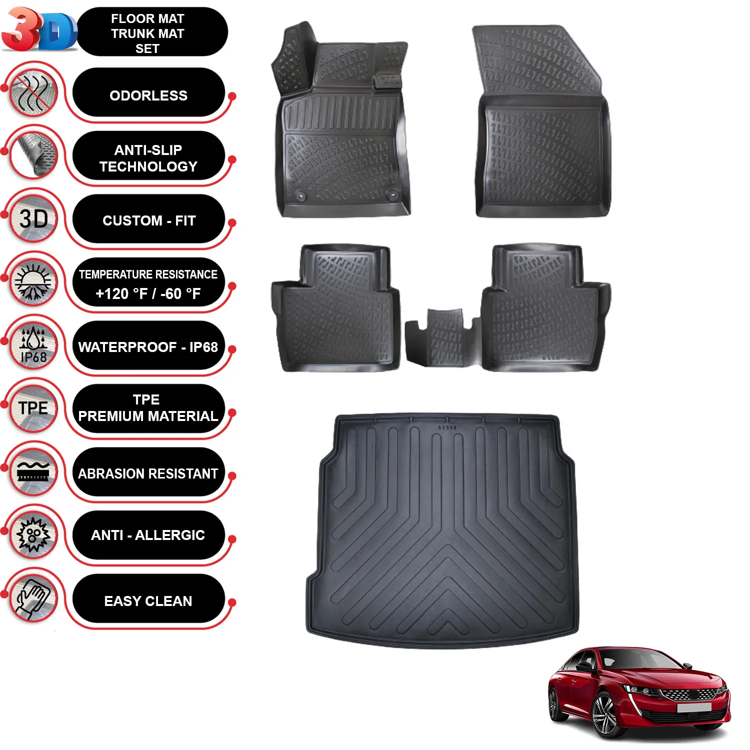 

Peugeot 508 Universal - (2018-2023) - Floor Mats + Cargo Trunk Liner - SET - (Black)