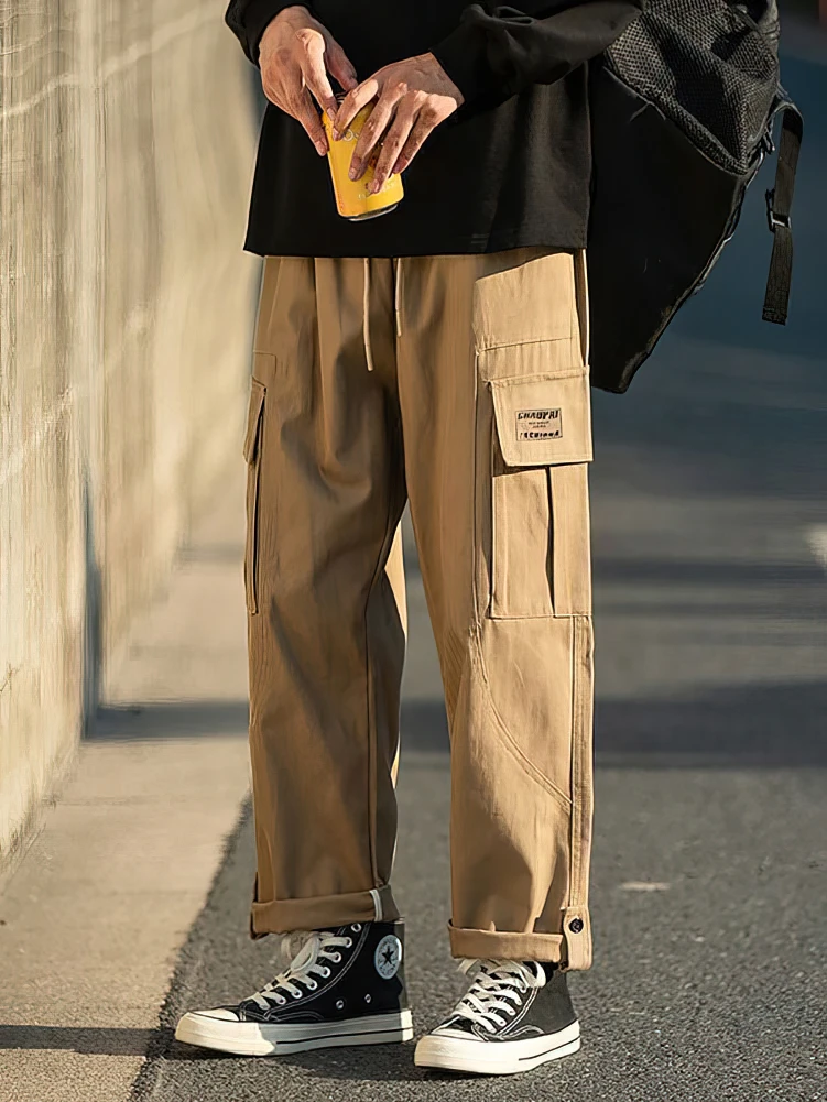 

Straight Cotton Cargo Pants Men Multi-Pocket Wide Leg Casual Pants Outdoor Sport Hiking Sweatpants Male Khaki Black Baggy