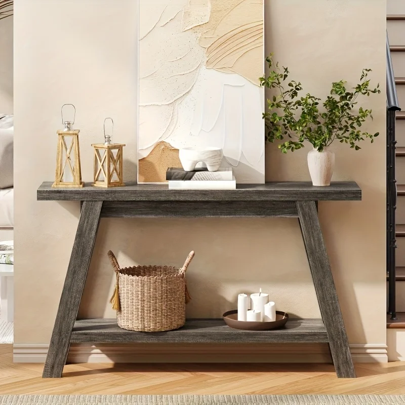 

55 Inch Farmhouse Console Entrance Table Solid Wood 2 Tier Narrow Sofa Table for Living Room Dining Hallway