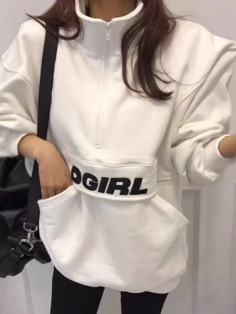 

Fce Lined Patchwork Hoodie Jaet Women's Stand Collar Loose Autumn Winter Warm Age Reducing Letter Embroidery Versatile T...