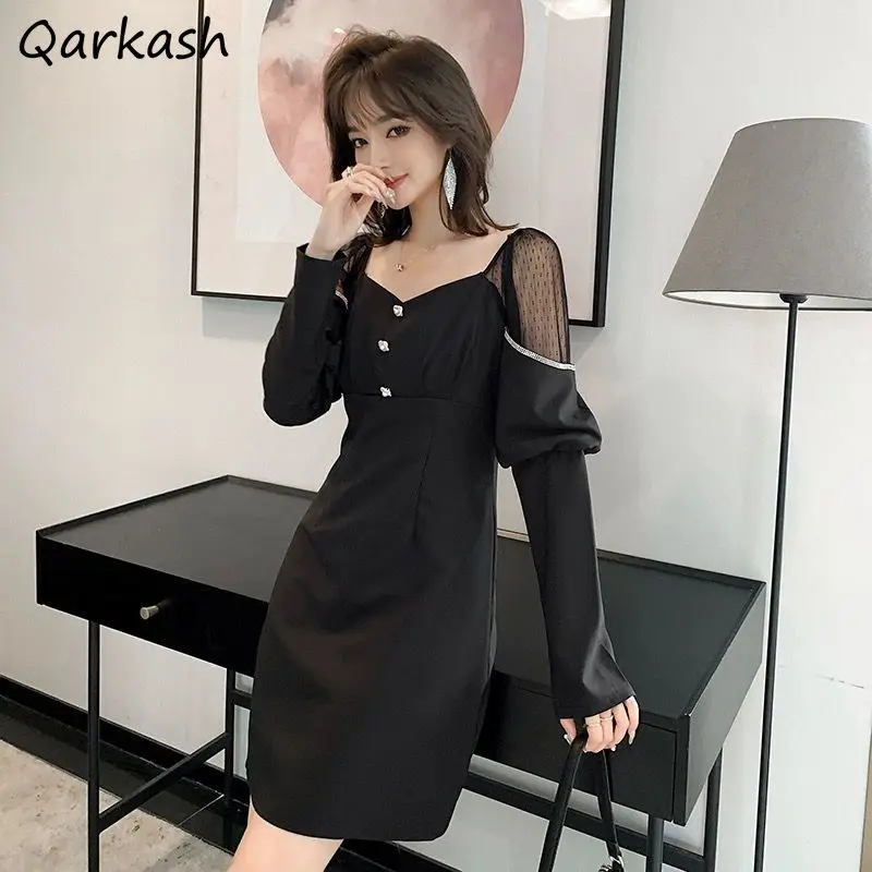 

Square Neck Mini Dress Women Mesh Puff Sleeve Defined Waist Solid Patchwork Vintage Slim Autumn New Office Ladies Temperament