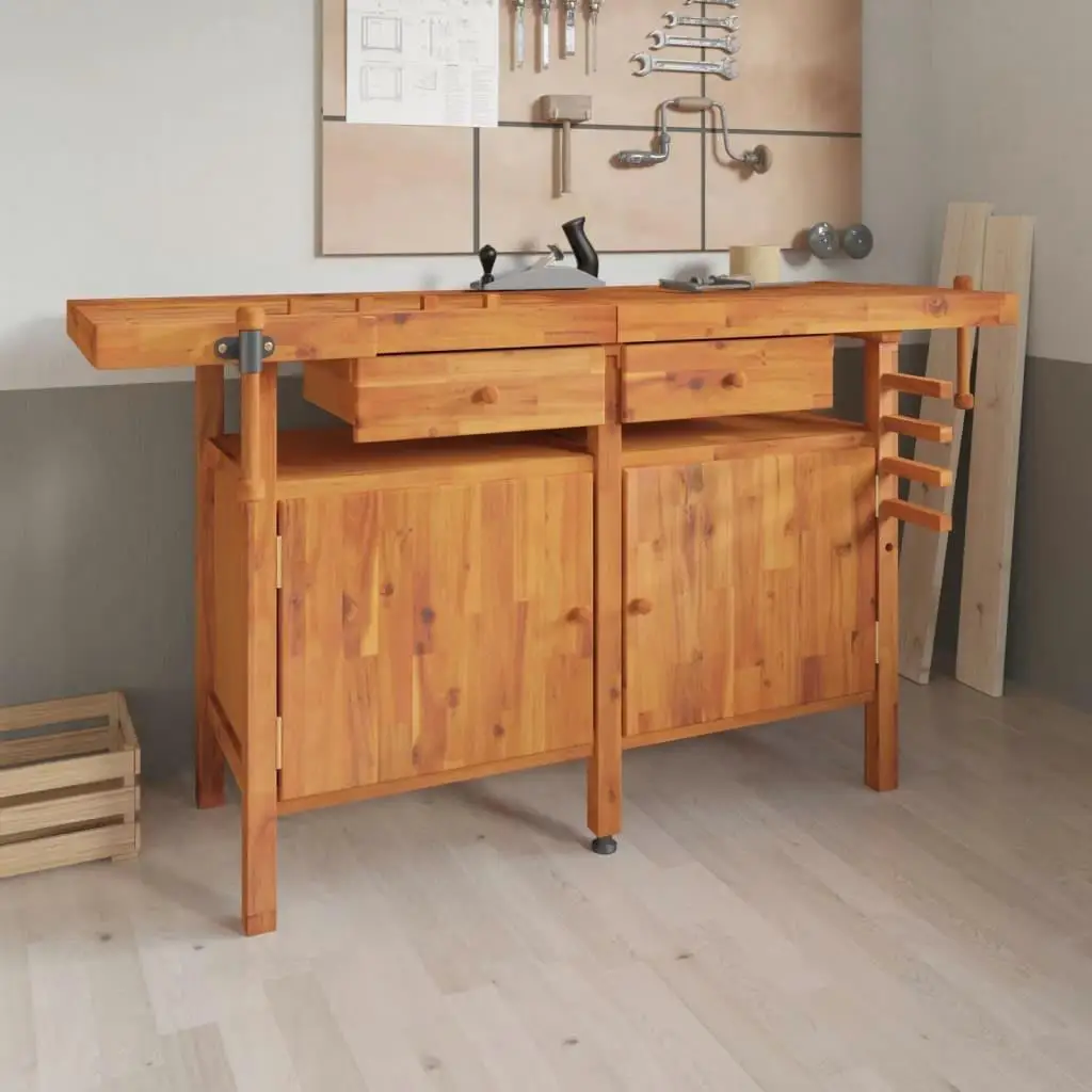 Solid Wood Acacia Workbench with Drawers & Vices - 63.8x24.4x32.7 Durable Storage Solution