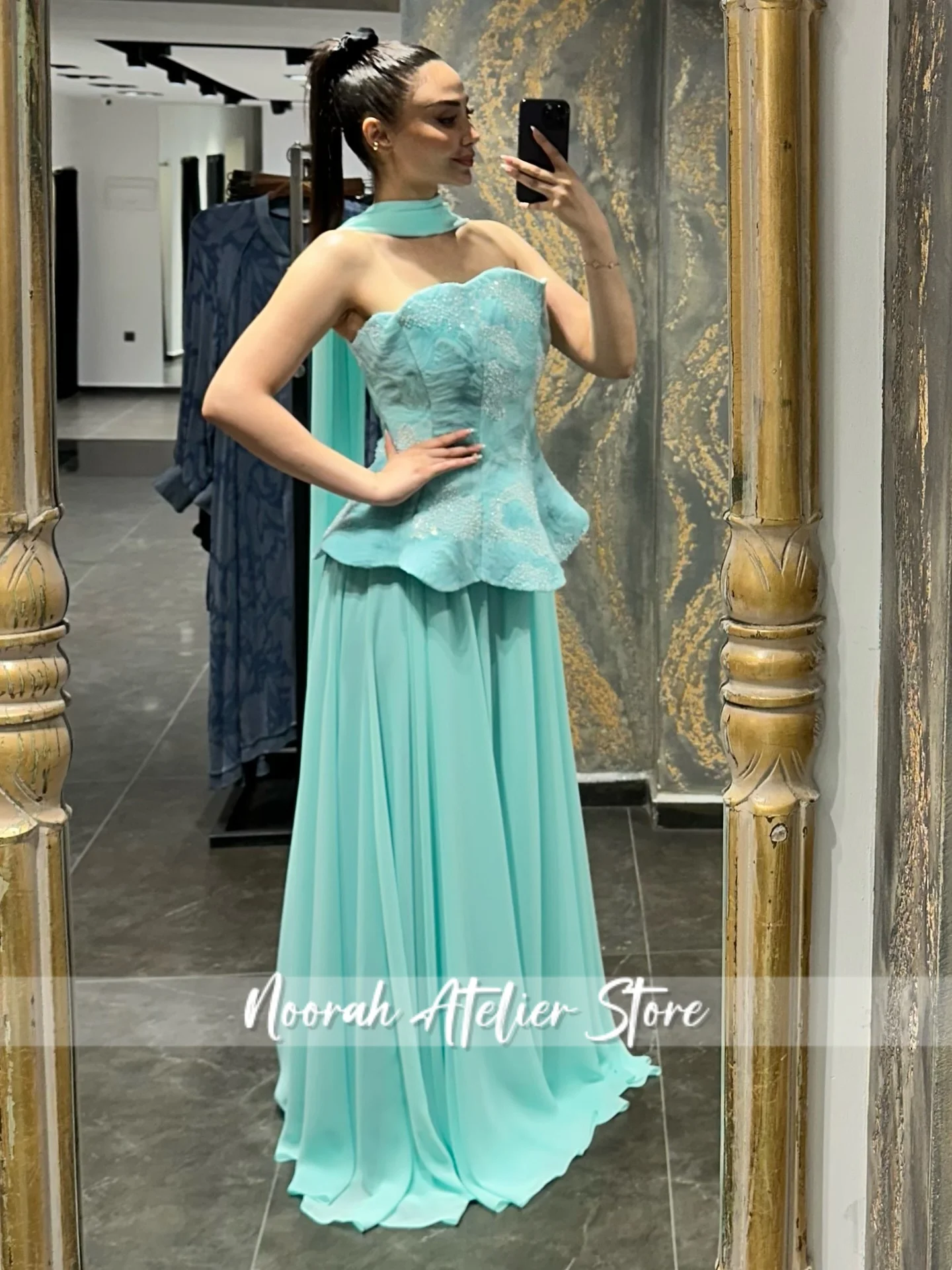 

Elegant Mint Green 2 Pieces Scarf Strapless Luxurious Women's Evening Dresses Crepe Wedding Dress Aline Prom Gown Customized