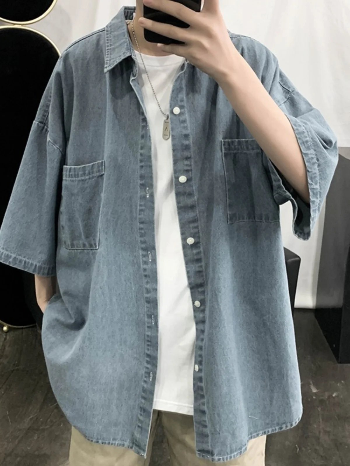 Premium Loose Fit Men's Denim Shirt Spring Summer Thin Short Sleeve Casual Outerwear Korean Style Fashion College Trend