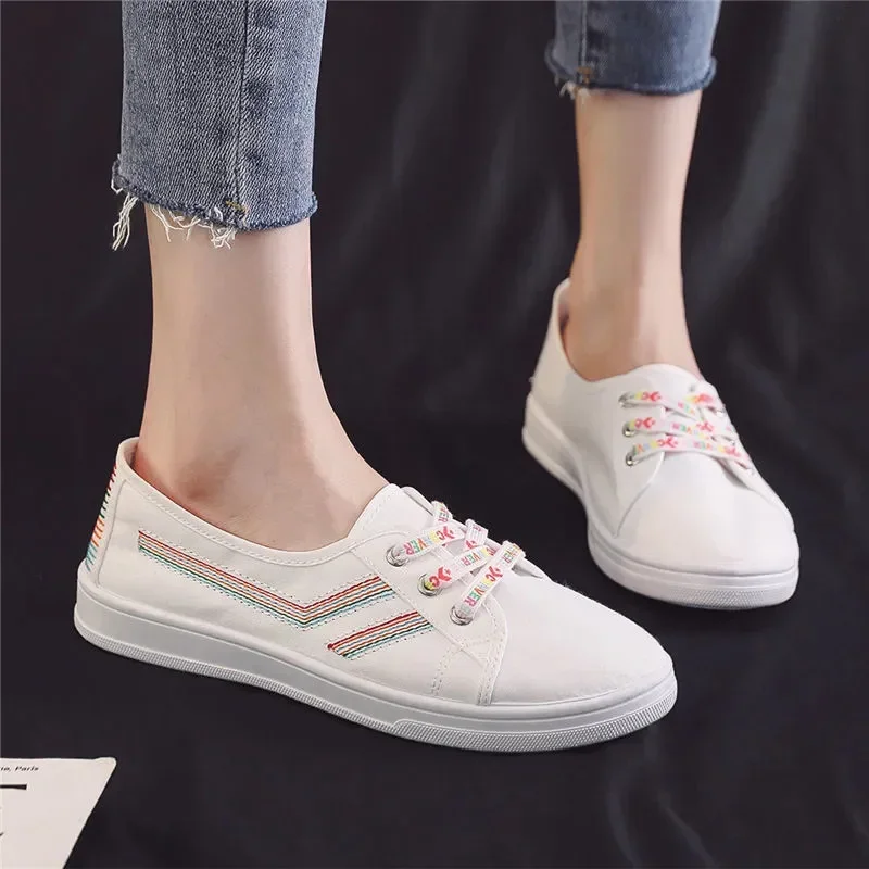 Sapatos Femininas Women Classic Round Toe Anti Skid Canvas Shoes Lady Fashion Sweet Spring & Autumn Lace Up White Shoes E1459